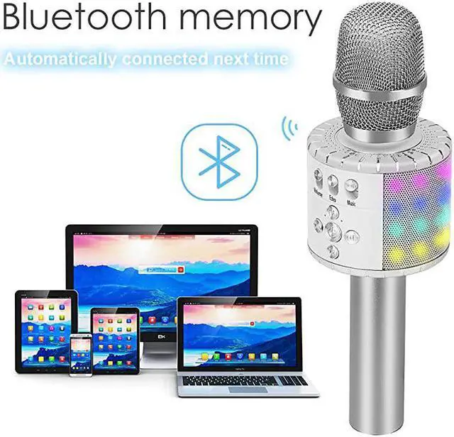 Alt view image 3 of 7 - Wireless Bluetooth Karaoke Microphone with Multicolor LED Lights 4 in 1 Portable Handheld Karaoke Speaker Machine Thanksgiving Day for AndroidiPhoneiPadSonyPC or All Smartphone Silver