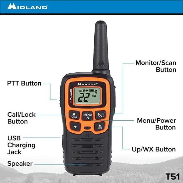 Alt view image 2 of 7 - XTALKER T51VP3 22 Channel FRS TwoWay Radio Extended Range Walkie Talkies 38 Privacy Codes NOAA Weather Alert Pair Pack BlackOrange