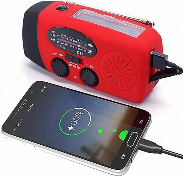 Alt view image 4 of 7 - Weather Radio Hand Crank Self Powered Solar Emergency Radios with 3 LED Flashlight 1000mAh Power Bank Smart Phone Charger Red
