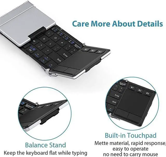 Alt view image 2 of 7 - Folding Keyboard  BK08 Bluetooth Keyboard with Sensitive Touchpad Sync Up to 3 Devices PocketSized TriFolded Fodable Keyboard for iPad Mac iPhone Android Windows iOS Silver
