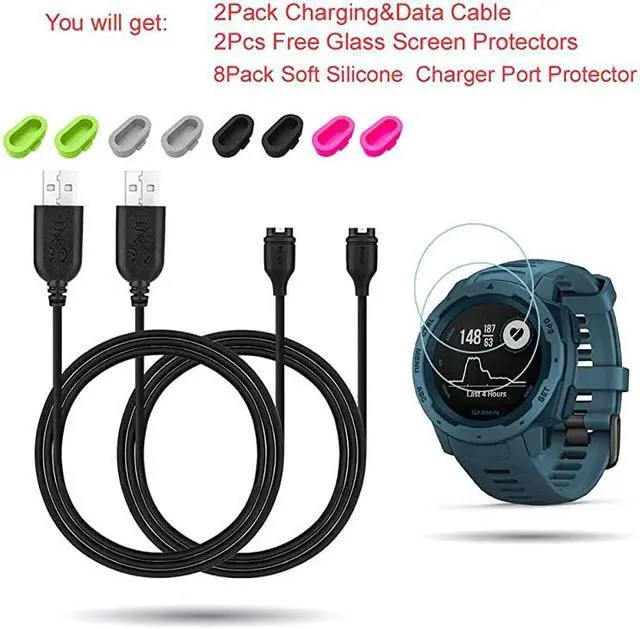 Alt view image 2 of 5 - for Garmin Instinct Charger2PACK Charging Clip Sync Data Cable and 2Pcs HD Tempered Glass Screen Protector and 8Pcs Charger Port Protector for Garmin Instinct Smart Watch