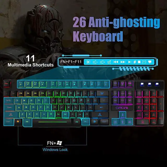 Alt view image 3 of 7 - RGB Wired Gaming Keyboard Rainbow Multiple Color LED Backlit Keyboard USB Mechanical Feeling Keyboard for Gamer amp Work