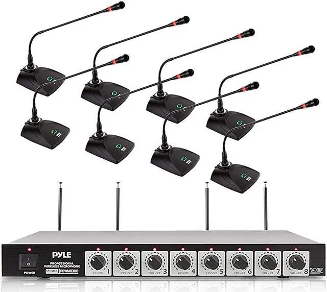 Main image of 8 Channel Wireless Microphone System - Portable VHF Cordless Audio Mic Set with 1/4" and XLR Output, Dual Antenna, - Includes 8 Table Top Mics, Rack Mountable Receiver Base -  PDWM8300,Black