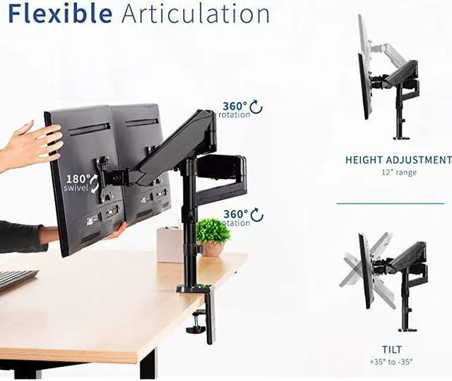 Alt view image 4 of 7 - Dual Monitor Arm Mount for 17 to 32 inch Screens Pneumatic Height Adjustment Full Articulating Tilt Swivel | Heavy Duty VESA Stand with Desk Cclamp and Grommet Option STANDV002K