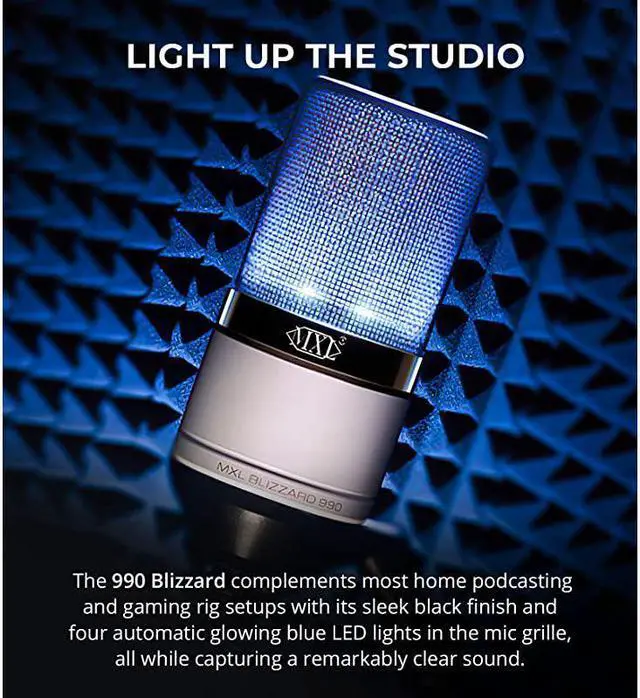Alt view image 3 of 7 - MXL 990 Blizzard Condenser Microphone with Blue LED Lights Bundle with  10FT Balanced XLR Cable Pop Filter Windscreen and 5Pack of Reusable Cable Ties