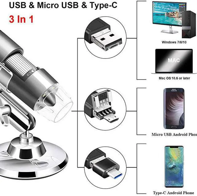 Alt view image 2 of 7 - USB Microscope Camera 40X to 1000X  Digital Microscope with Metal Stand amp Carrying Case Compatible with Android Windows 7 8 10 Linux Mac Portable Microscope Camera USB Microscope