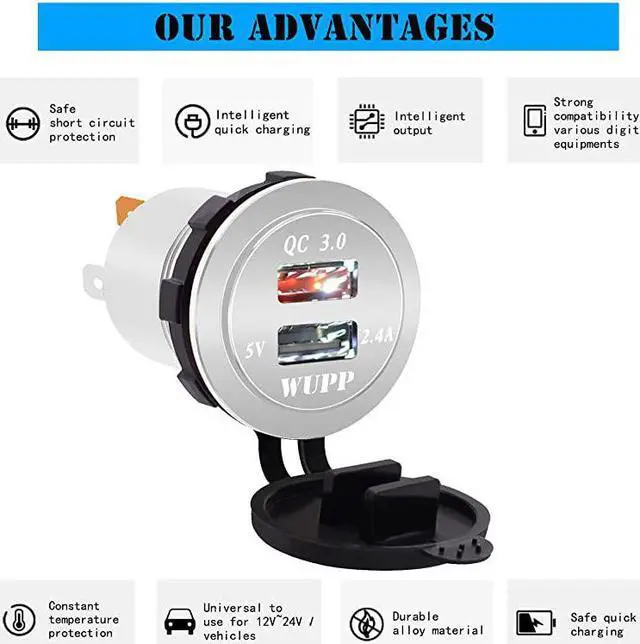 Alt view image 3 of 7 - Upgraded Aluminum Alloy Fast Charging 30 USB Charger Socket IP66 Waterproof Dual USB Power Outlet with QC 30 USB Port 5V 24A Port Led Light for Car Boat Marine Rv Motorcycle Silver