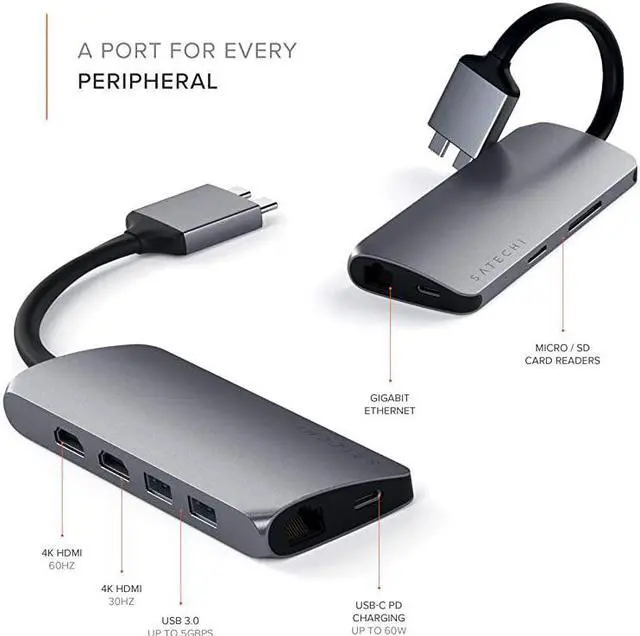 Alt view image 4 of 4 - TypeC Dual Multimedia Adapter with Dual 4K HDMI USBC PD Gigabit Ethernet MicroSD Card Readers USB 30 Compatible with 2020 MacBook Pro 2020 MacBook Air 2020 Mac Mini Space Gray