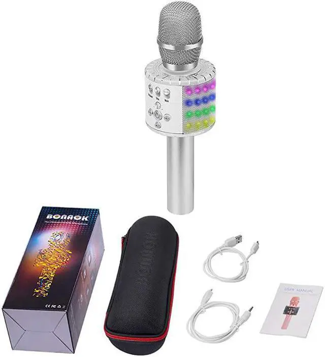 Alt view image 7 of 7 - Wireless Bluetooth Karaoke Microphone with Multicolor LED Lights 4 in 1 Portable Handheld Karaoke Speaker Machine Thanksgiving Day for AndroidiPhoneiPadSonyPC or All Smartphone Silver