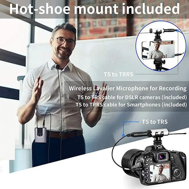 Alt view image 2 of 7 - Wireless System with Dual Headset Microphones/Lavalier Lapel Mics and Bodypack Transmitters and One Mini Rechargeable Receiver 1/4" Output, for Live Performances
