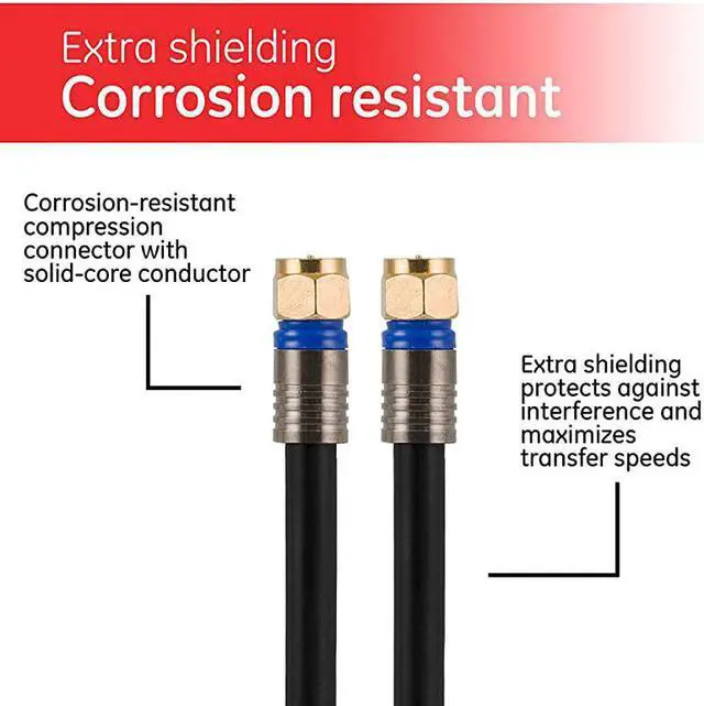 Alt view image 5 of 6 - RG6 Coaxial Cable 100 ft FType Connectors Quad Shielded Coax Cable 3 GHz Digital InWall Rated Ideal for TV Antenna DVR VCR Satellite Cable Box Home Theater Black 34842