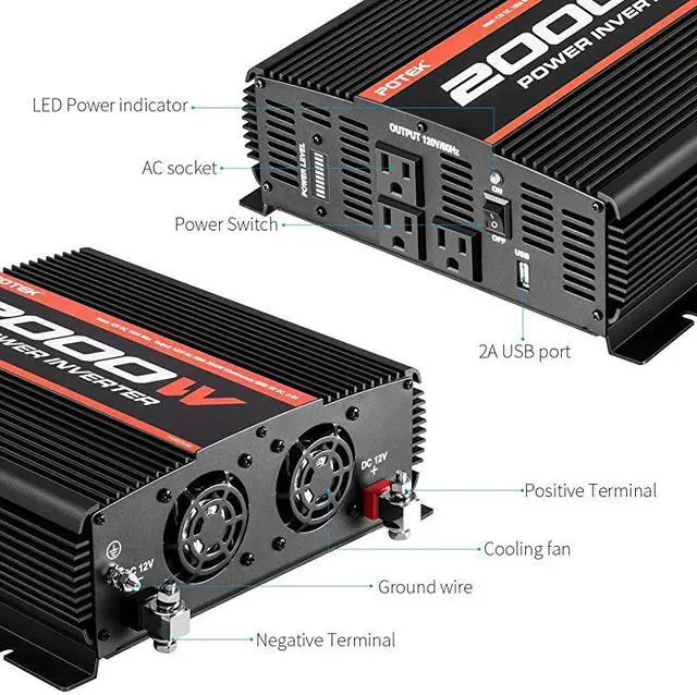 Alt view image 3 of 7 - 2000W Power Inverter 3AC Outlets 12V DC to 110V AC Car Inverter with 2A USB Port and Bluetooth