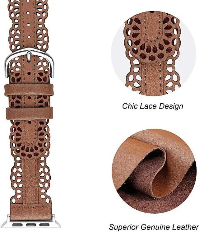 Alt view image 3 of 6 - Leather Bands Compatible with Apple Watch Band 42mm 44mm iWatch Series 5 4 3 2 1 Chic Lace Leather Strap for Women Brown 42mm44mm