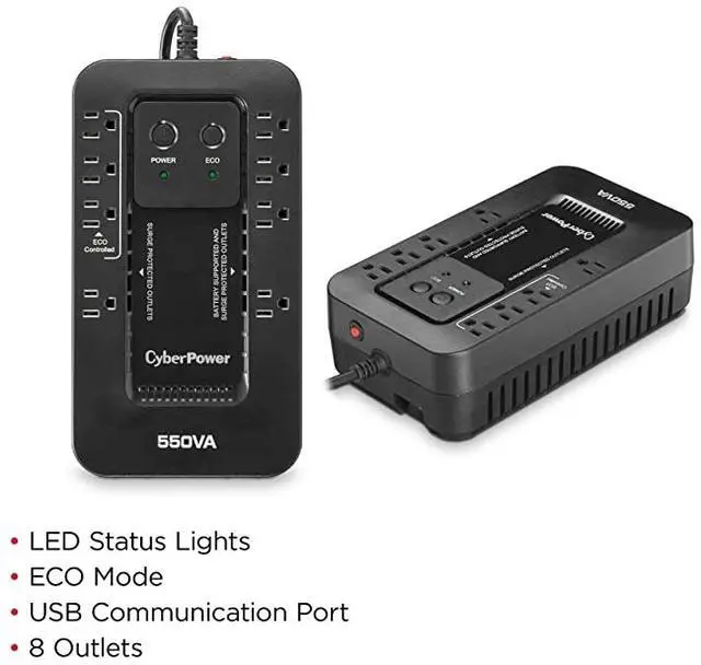 Alt view image 2 of 7 - EC550G Ecologic Battery Backup & Surge Protector UPS System, 550VA/330W, 8 Outlets, ECO Mode, Compact Uninterruptible Power Supply