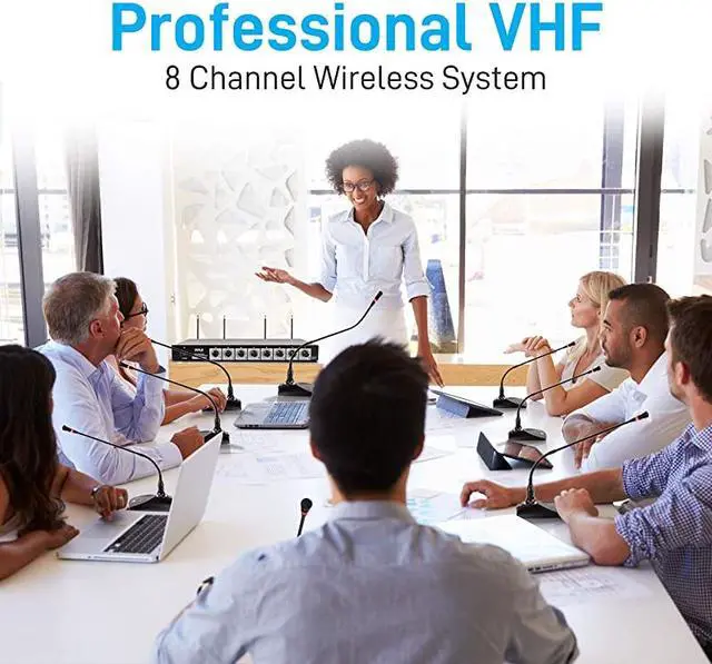 Alt view image 3 of 7 - 8 Channel Wireless Microphone System - Portable VHF Cordless Audio Mic Set with 1/4" and XLR Output, Dual Antenna, - Includes 8 Table Top Mics, Rack Mountable Receiver Base -  PDWM8300,Black