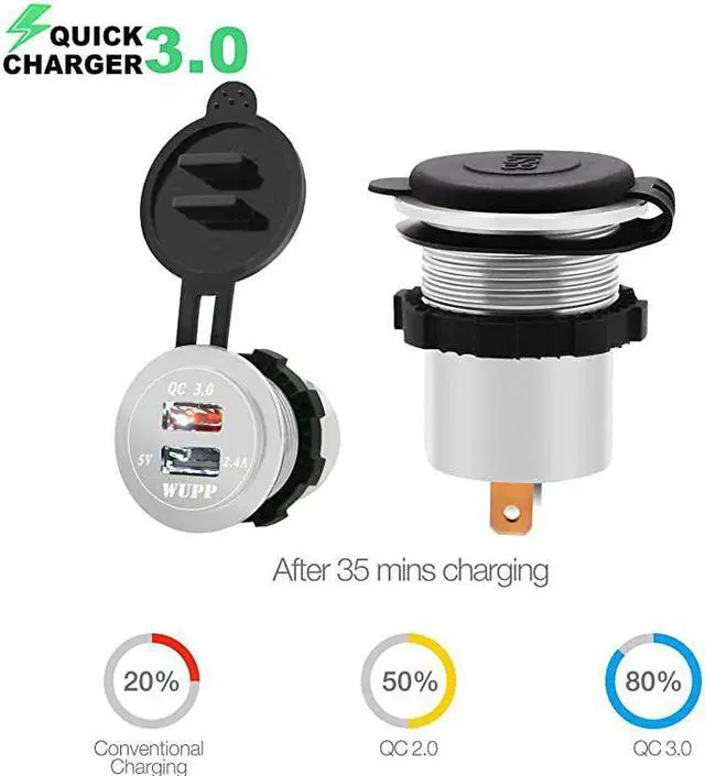 Alt view image 4 of 7 - Upgraded Aluminum Alloy Fast Charging 30 USB Charger Socket IP66 Waterproof Dual USB Power Outlet with QC 30 USB Port 5V 24A Port Led Light for Car Boat Marine Rv Motorcycle Silver