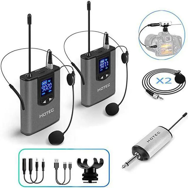 Main image of Wireless System with Dual Headset Microphones/Lavalier Lapel Mics and Bodypack Transmitters and One Mini Rechargeable Receiver 1/4" Output, for Live Performances