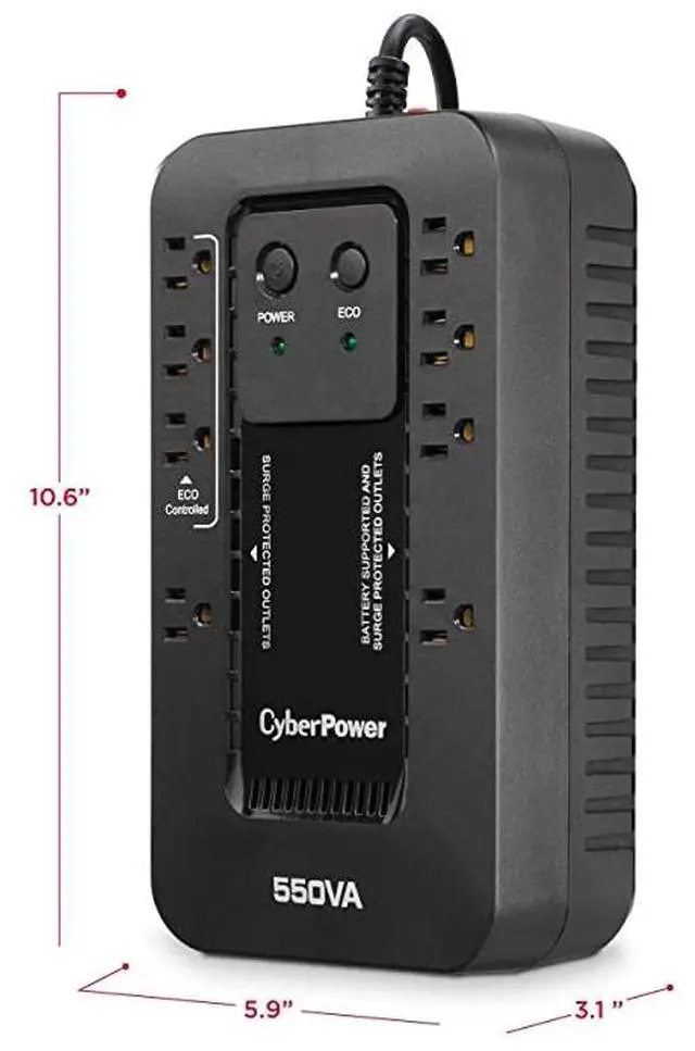 Alt view image 3 of 7 - EC550G Ecologic Battery Backup & Surge Protector UPS System, 550VA/330W, 8 Outlets, ECO Mode, Compact Uninterruptible Power Supply