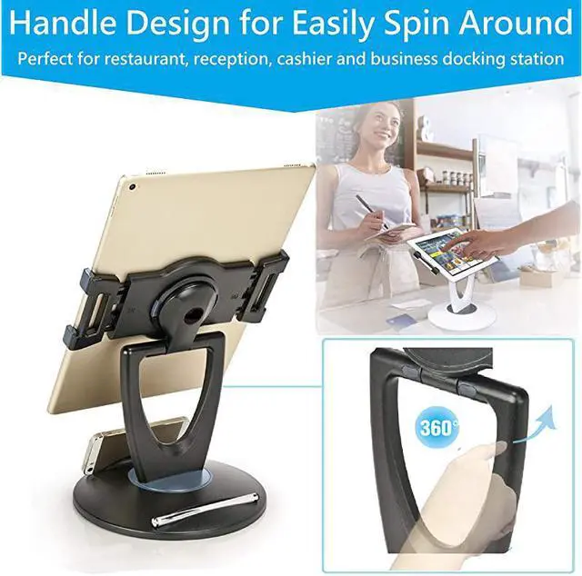Alt view image 4 of 7 - Retail Tablet Stand 360 Rotates iPad Stand for 6 inch to 13 inch Tablets Swivel Tablet Holder w Pen Storage and Phone Stand for Store Office Showcase Reception Kitchen Desktop 5025 Black