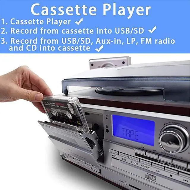 Alt view image 5 of 7 - Vinyl Record Player 9 in 1 3 Speed Bluetooth Vintage Turntable CD Cassette Player AMFM Radio USB Recorder Auxin RCA LineOut