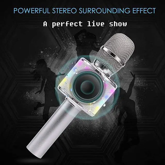 Alt view image 5 of 7 - Wireless Bluetooth Karaoke Microphone with Multicolor LED Lights 4 in 1 Portable Handheld Karaoke Speaker Machine Thanksgiving Day for AndroidiPhoneiPadSonyPC or All Smartphone Silver