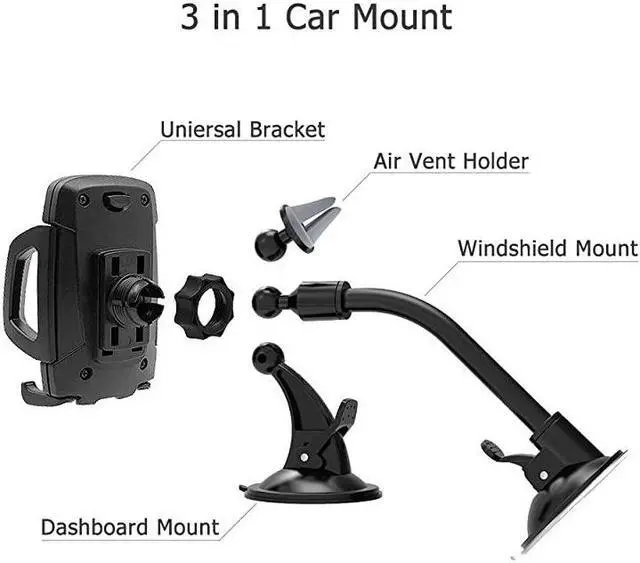 Alt view image 2 of 7 - Car Phone Mount  3in1 Universal Cell Phone Holder Car Air Vent Holder Dashboard Mount Windshield Mount for iPhone Xs Max R X 8 Plus 7 Plus 6S Samsung Galaxy S9 S8 Edge S7 S6 LG Sony and More