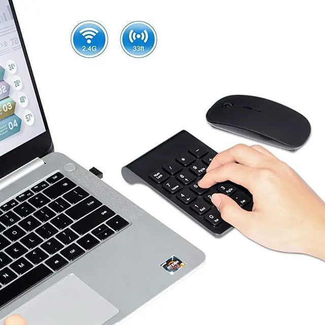 Alt view image 3 of 7 - Wireless Numeric Keypad  Mini 24G 18 Keys Number Pad Portable Silent Financial Accounting Numeric Keypad Keyboard Extensions with Wireless Mouse for Laptop PC Desktop NotebookBlack