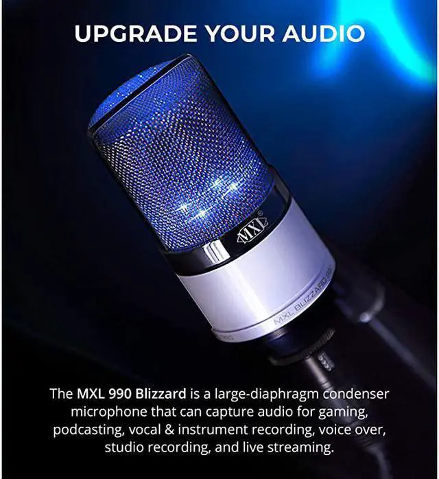 Alt view image 2 of 7 - MXL 990 Blizzard Condenser Microphone with Blue LED Lights Bundle with  10FT Balanced XLR Cable Pop Filter Windscreen and 5Pack of Reusable Cable Ties