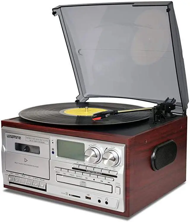 Main image of Vinyl Record Player 9 in 1 3 Speed Bluetooth Vintage Turntable CD Cassette Player AMFM Radio USB Recorder Auxin RCA LineOut