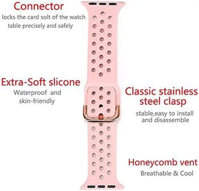 Alt view image 2 of 5 - Compatible with Apple Watch Band 44mm 40mm 42mm 38mm Sport Breathable ExtraSoft Silicone Wristband Men Women Replacement Bands for iWatch Band Series 5 4 3 2 1 Pink 42mm44mm