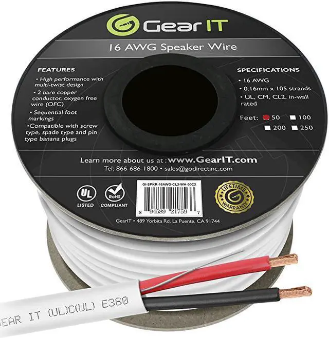 Main image of 16 AWG CL2 OFC in Wall Speaker Wire  Pro Series 16 AWG Gauge 50 Feet 1524 MetersWhite OFC Oxygen Free Copper UL CL2 Rated inWall Speaker Wire Cable for Home Theater and Car Audio