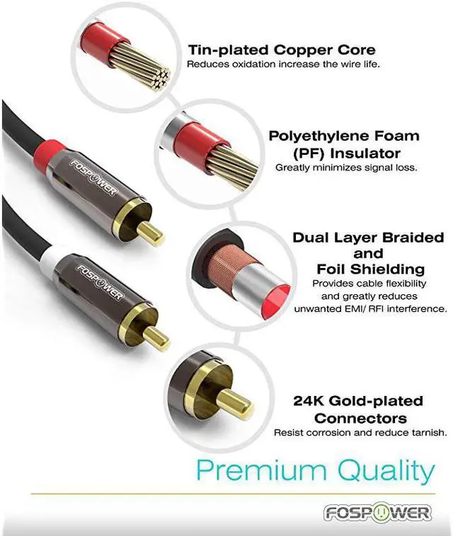 Alt view image 3 of 7 - 15 Feet) 2 RCA M/M Stereo Audio Cable [24K Gold Plated | Copper Core] 2RCA Male to 2RCA Male [Left/Right] Premium Sound Quality Plug