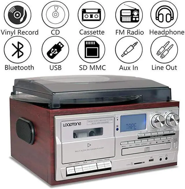 Alt view image 2 of 7 - Vinyl Record Player 9 in 1 3 Speed Bluetooth Vintage Turntable CD Cassette Player AMFM Radio USB Recorder Auxin RCA LineOut