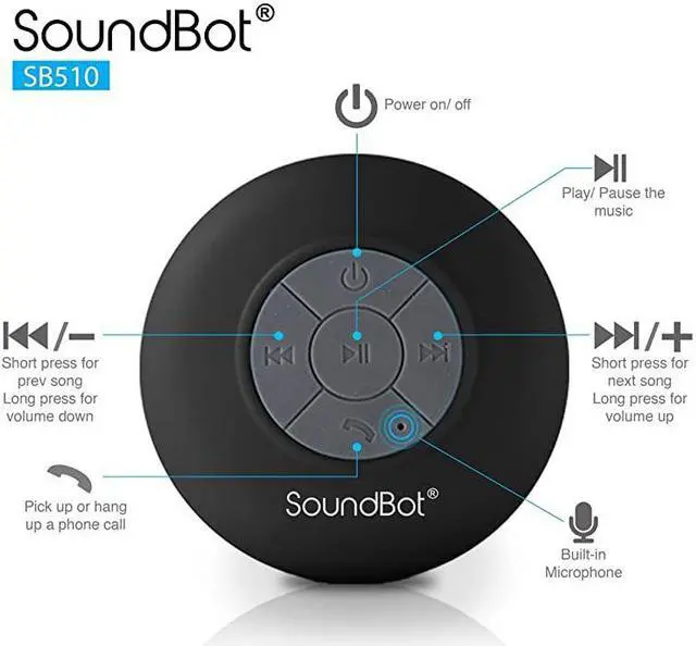 Alt view image 5 of 7 - SB510 HD Water Resistant Bluetooth 30 Shower Speaker Handsfree Portable Speakerphone with Builtin Mic 6hrs of Playtime Control Buttons and Dedicated Suction Cup for ShowersGryBLK
