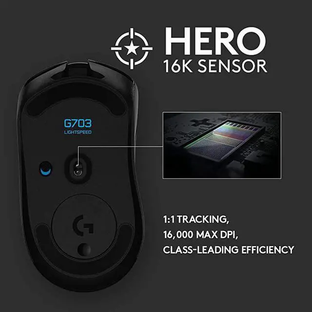 Alt view image 4 of 7 - 703 Lightspeed Wireless Gaming Mouse WHero 16K Sensor PowerPlay Compatible Lightsync RGB Lightweight 95G+10G Optional 10016 000 DPI Rubber Side Grips Black