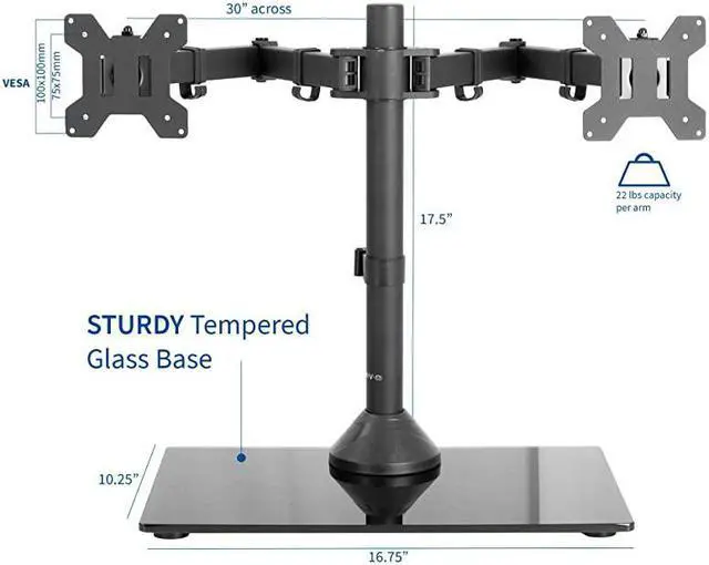 Alt view image 2 of 7 - Freestanding Black Dual Monitor Stand with Sleek Glass Base and Adjustable Arms Mounts 2 Screens up to 27 inch and 22 lbs Each STANDV002FG