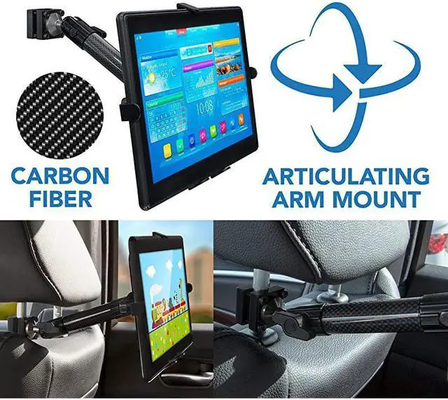 Alt view image 2 of 7 - Premium Car Headrest Tablet Holder with Adjustable Arm Heavy Duty Carbon Fiber Car Tablet Mount for iPad Galaxy Fire Tablets MI7311