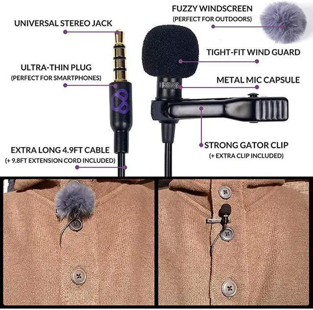 Alt view image 3 of 7 - Lavalier Lapel Microphone Kit Clipon Omnidirectional Condenser Lav Mic Compatible with iPhone iPad GoPro DSLR ZoomTascam Recorder Samsung Android PS4
