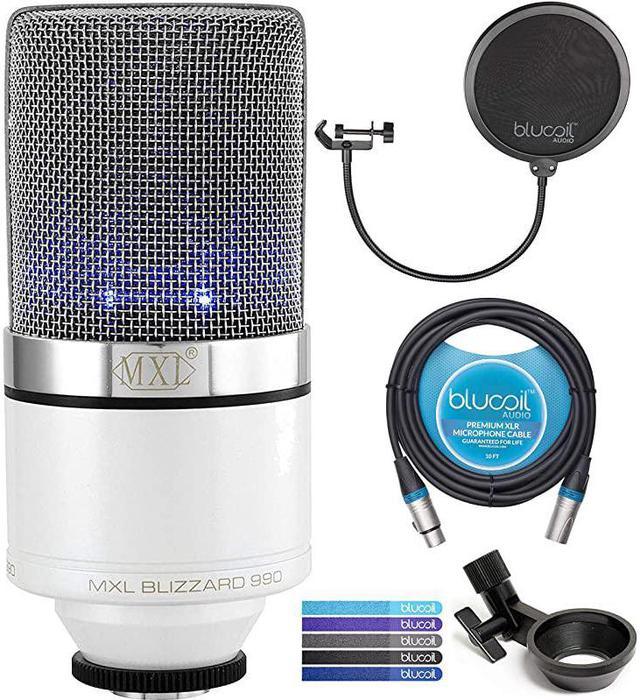 MXL 990 Blizzard Condenser Microphone with Blue LED Lights Bundle with 10FT  Balanced XLR Cable Pop Filter Windscreen and 5Pack of Reusable Cable Ties