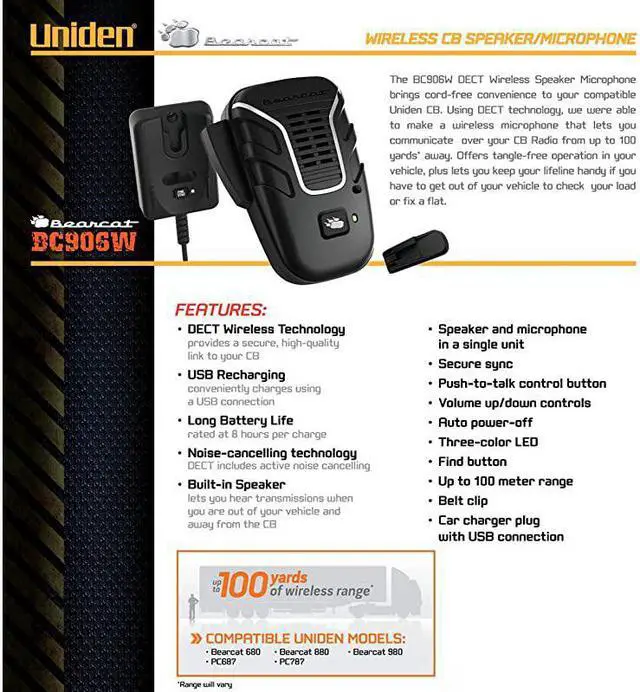 Alt view image 3 of 3 - BC906W Wireless CB Microphone and Speaker in a single unit Up to 100 Yard Range Smart Power Save Active NoiseCanceling Technology Clear Quality Sound