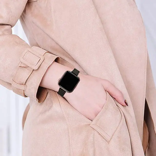 Alt view image 6 of 7 - Slim Leather Bands Compatible with Apple Watch Band 38mm 40mm 42mm 44mm, Top Grain Leather Watch Thin Wristband for iWatch SE Series 6/5/4/3/2/1 (Black with Rose Gold, 38mm/40mm)