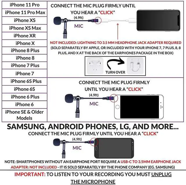 Alt view image 5 of 7 - Lavalier Lapel Microphone Kit Clipon Omnidirectional Condenser Lav Mic Compatible with iPhone iPad GoPro DSLR ZoomTascam Recorder Samsung Android PS4