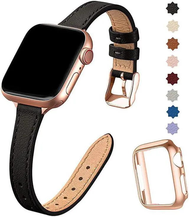 Main image of Slim Leather Bands Compatible with Apple Watch Band 38mm 40mm 42mm 44mm, Top Grain Leather Watch Thin Wristband for iWatch SE Series 6/5/4/3/2/1 (Black with Rose Gold, 38mm/40mm)