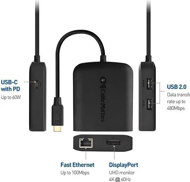 Alt view image 3 of 7 - USB C Multiport Adapter USB C Hub with DisplayPort 8K 2X USB 20 Fast Ethernet and 60W Charging in Black USBC and Thunderbolt 3 Port Compatible with MacBook Pro and More