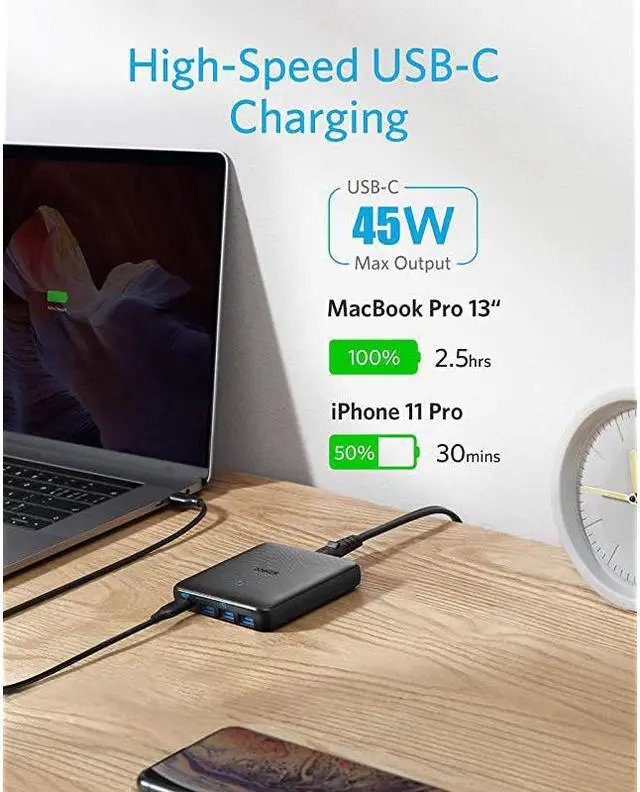 Alt view image 3 of 7 - USB C Charger  65W 4 Port PIQ 30 amp GaN Fast Charger Adapter PowerPort Atom III Slim Wall Charger with a 45W USB C Port for MacBook USB C Laptops iPad Pro iPhone Galaxy Pixel and More