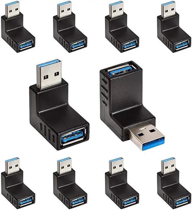 Main image of 10 Pack] Super Speed USB 3.0 Male to USB 3.0 Female, 90 Degree Right Angle USB Adapter, USB 3.0 Extender Couple