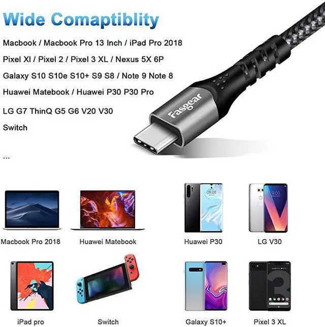 Alt view image 6 of 7 - USB C to USB C Cable 3ft 10Gbps USB 31 Gen 2 Cord 5A Fast Charger with 4K Video and 100W Power Delivery PD Thunderbolt Compatible for MacBookMatebookPixelbookiPadGalaxy Note 10 Black