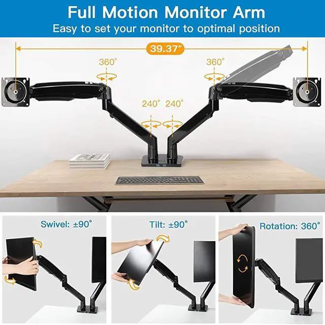 Alt view image 4 of 7 - Dual Monitor Mount Stand Long Double Arm Gas Spring Monitor Desk Mount for 2 Screens 22 to 35 Inch Height Adjustable VESA Bracket with Clamp Grommet Base Each Arm Hold up to 264 lbs