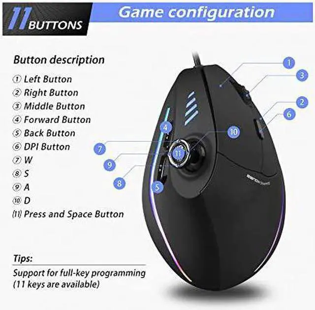 Alt view image 6 of 7 - Mouse Ergonomic USB Wired Mouse with 5 D Rocker 10000 DPI 11 Programmable Buttons RGB Gaming Mouse for GamerPCLaptopComputer