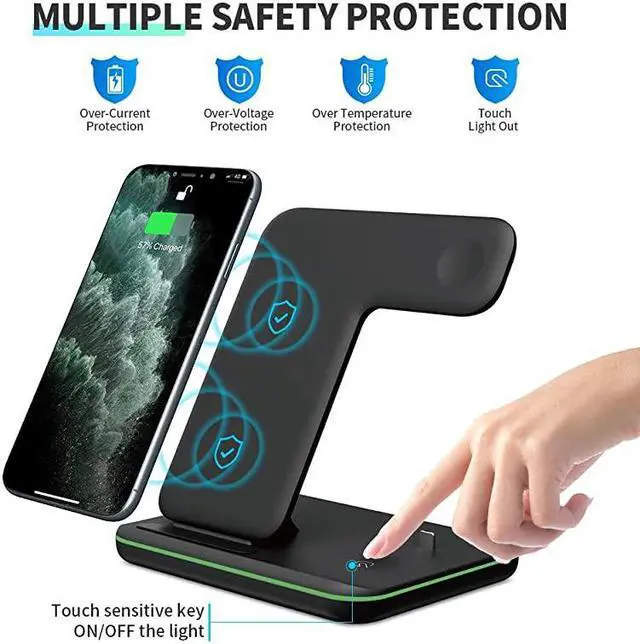 Alt view image 6 of 7 - Wireless Charger 3 in 1 QiCertified 15W Fast Charging Station for Apple iWatch Series 54321AirPods Compatible with iPhone 11 SeriesXS MAXXRXSX88 PlusSamsung Black